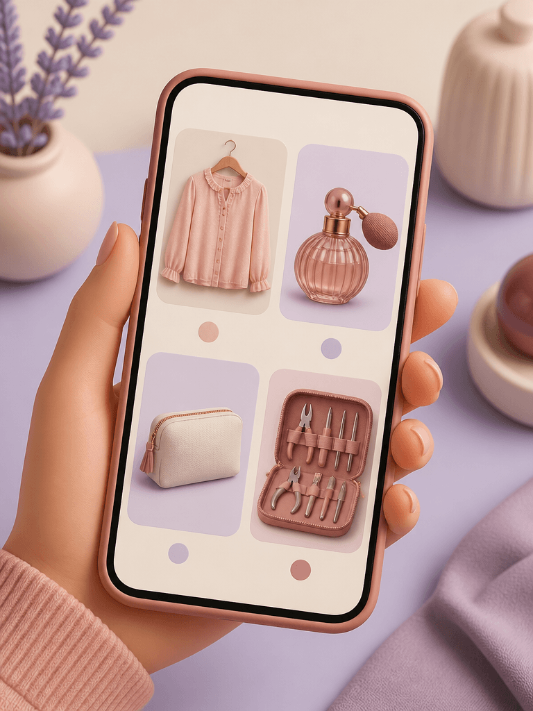 Celular con el catálogo: blusa, perfume, accesorio y herramientas.